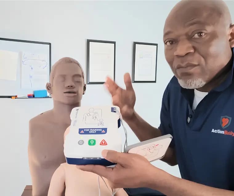 ActionBafoly instructor demonstrating AED training with a CPR manikin